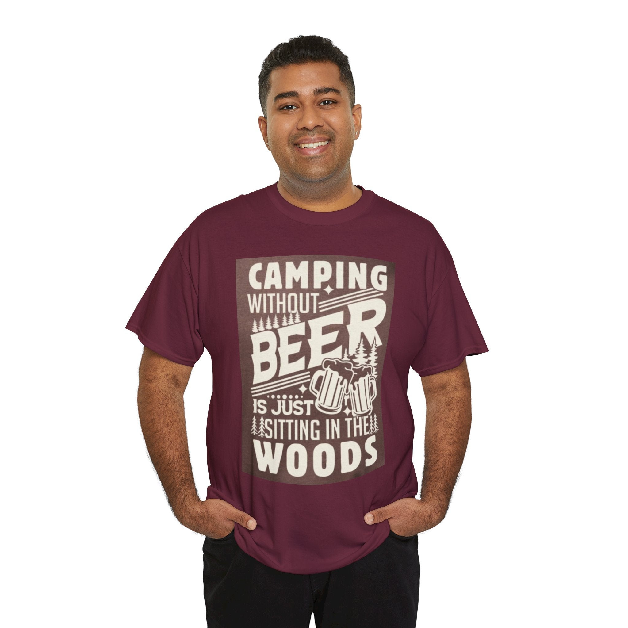 Camping Beer T-Shirt — "Camping Without Beer Is Just Sitting in the Woods" Outdoor Campfire Tee