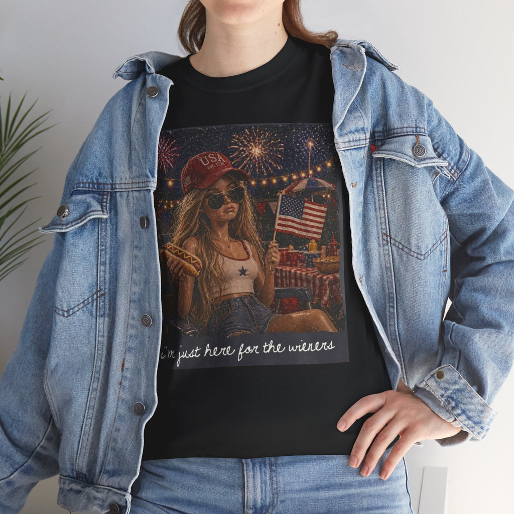 Patriotic Girl Graphic Tee — "I'm Just Here for the Fireworks" 4th of July Shirt