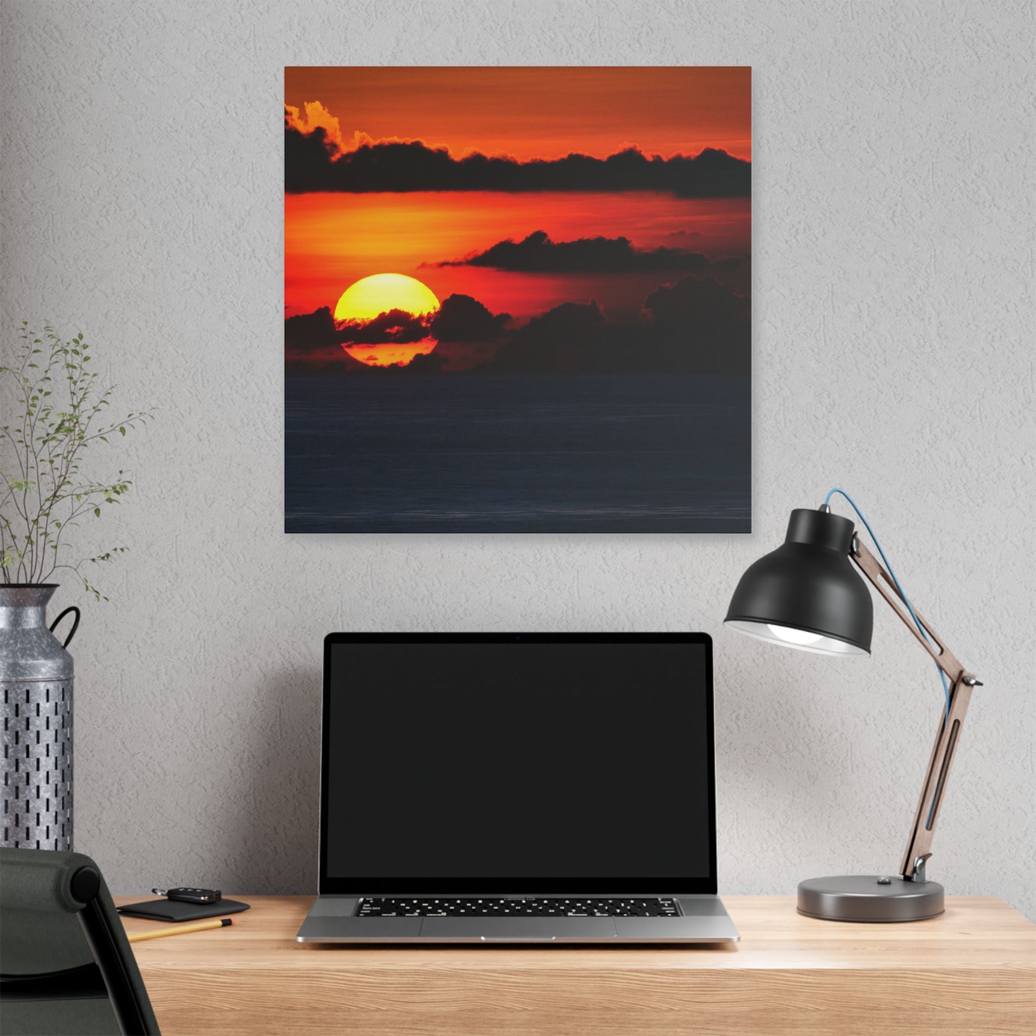 Sunset Ocean Canvas Print — Dramatic Red Sunset Wall Art