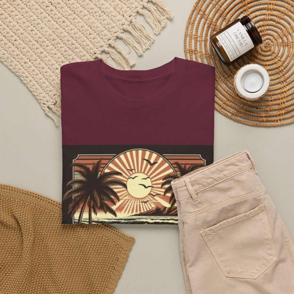 Retro Tropical Beach T-Shirt — Vintage Palm Sunset Graphic Tee