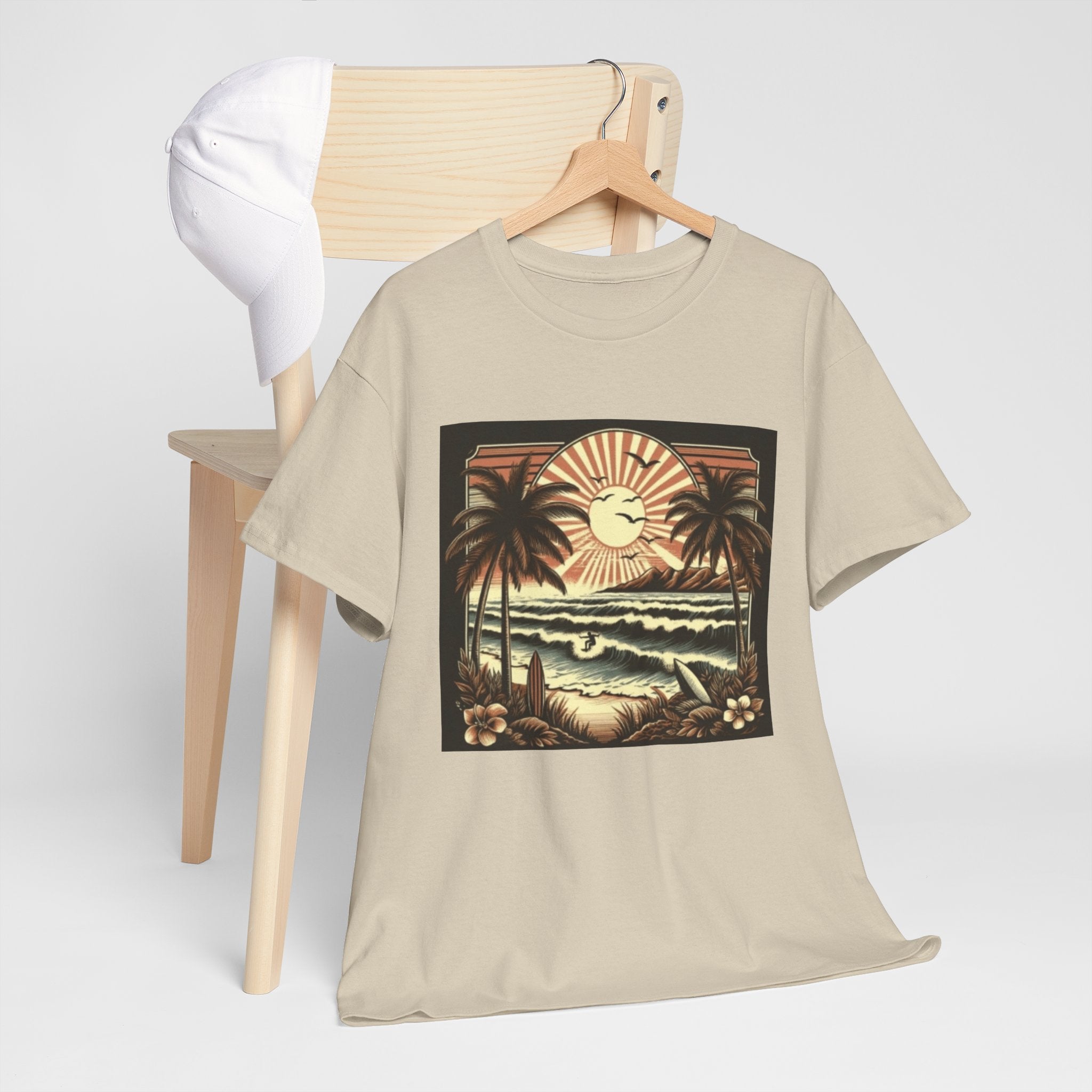 Retro Tropical Beach T-Shirt — Vintage Palm Sunset Graphic Tee