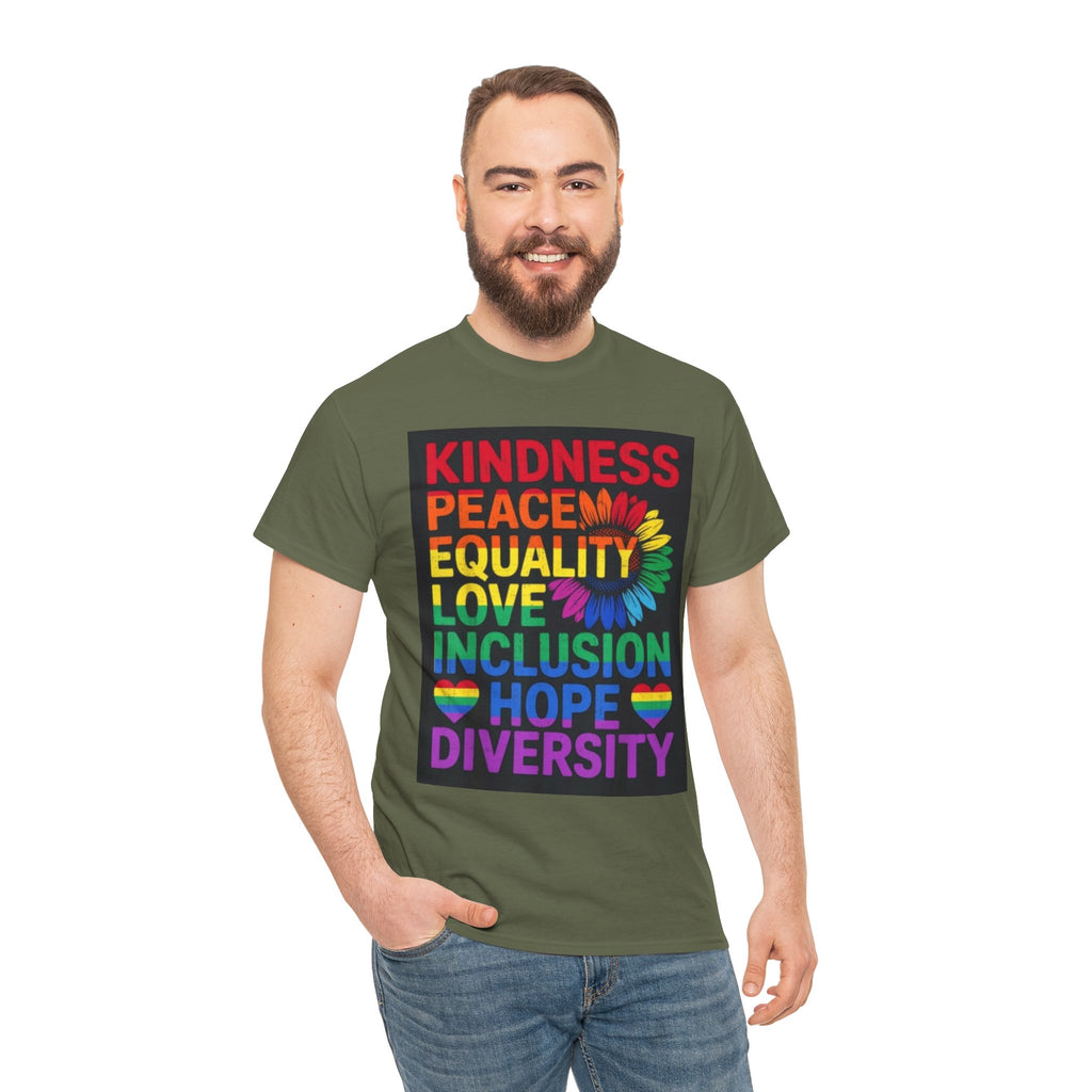 Kindness Peace Equality Rainbow T-Shirt — Pride Inclusion & Diversity Tee