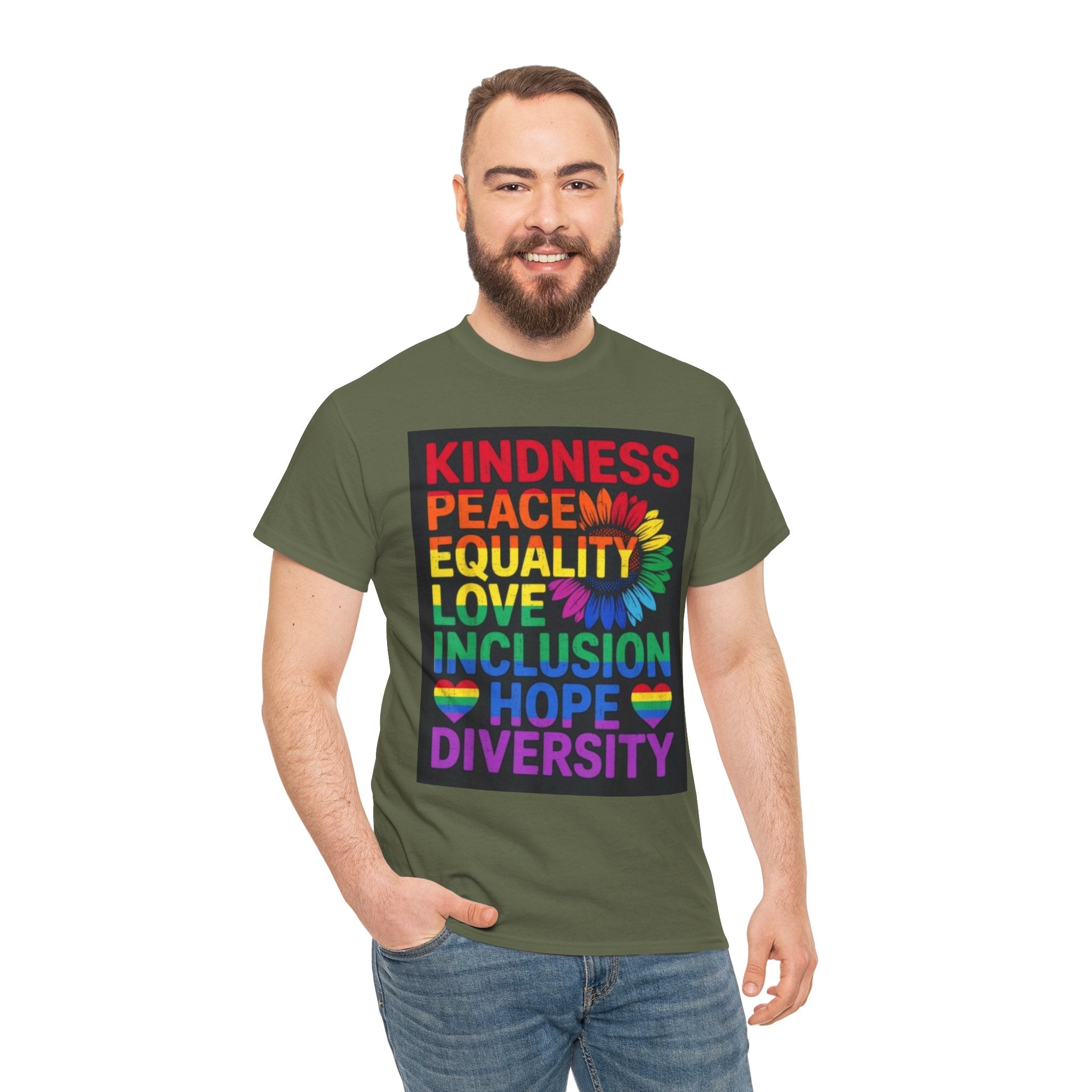 Kindness Peace Equality Rainbow T-Shirt — Pride Inclusion & Diversity Tee
