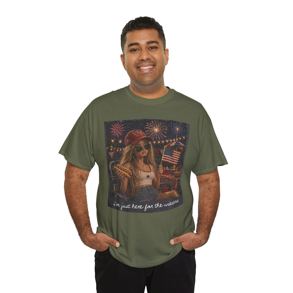 Patriotic Girl Graphic Tee — "I'm Just Here for the Fireworks" 4th of July Shirt