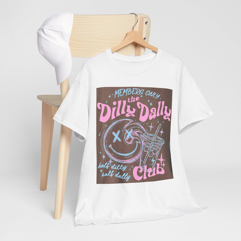 Dilly Dally Club Graphic Tee — Retro Pastel Drink & Moon Design