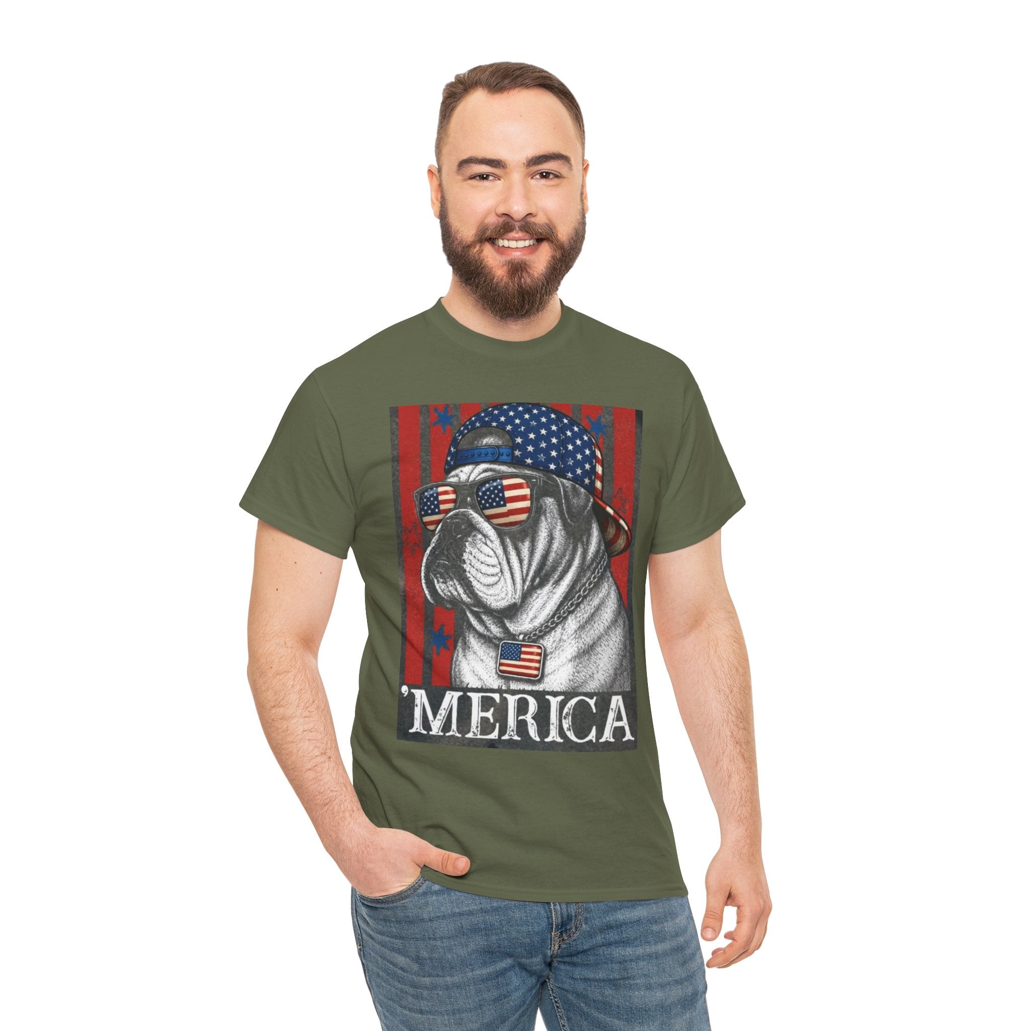 'Merica Bulldog T-Shirt — Patriotic American Flag Tee for Fourth of July