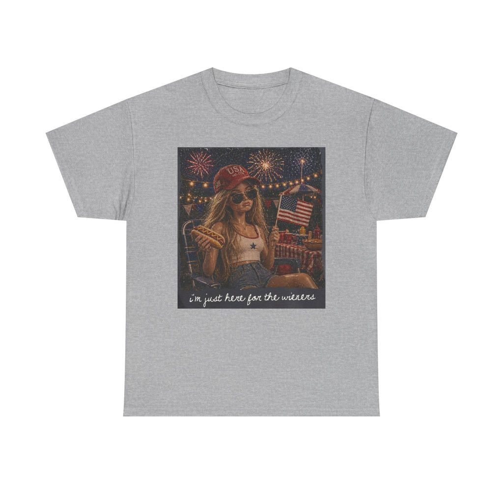 Patriotic Girl Graphic Tee — "I'm Just Here for the Fireworks" 4th of July Shirt