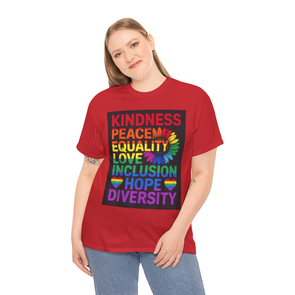 Kindness Peace Equality Rainbow T-Shirt — Pride Inclusion & Diversity Tee