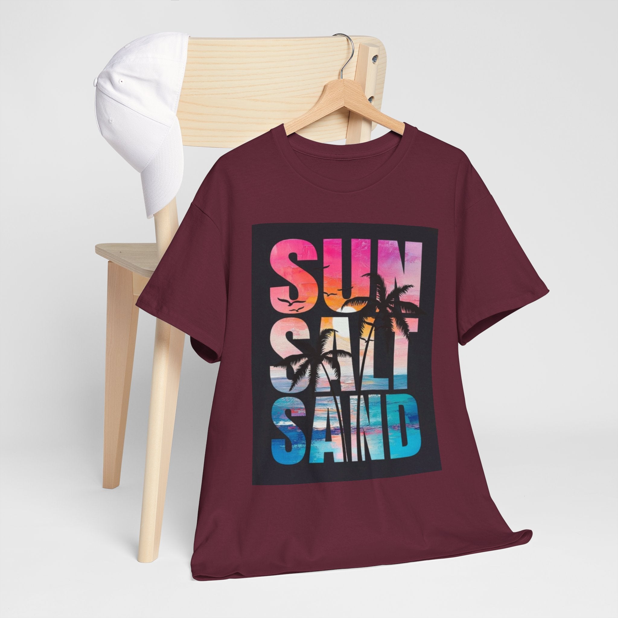 Sun Salt Sand Beach T-Shirt — Tropical Palm Sunset Graphic Tee
