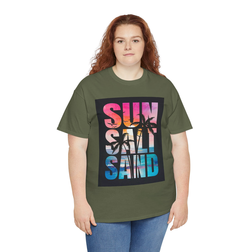 Sun Salt Sand Beach T-Shirt — Tropical Palm Sunset Graphic Tee