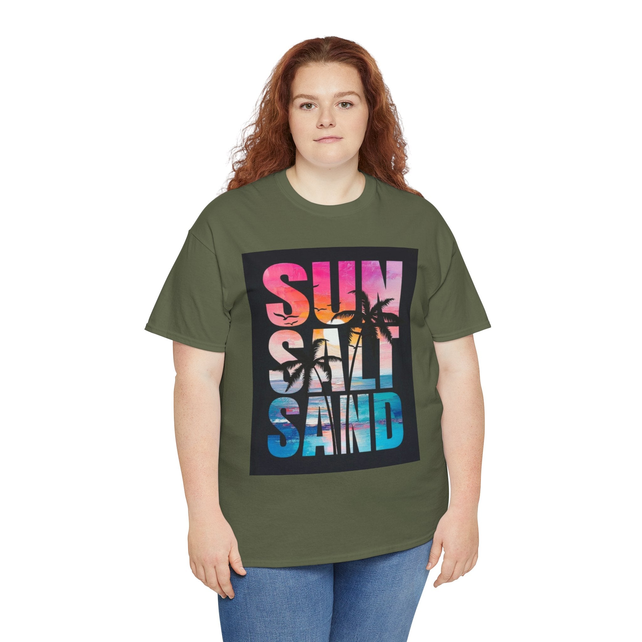 Sun Salt Sand Beach T-Shirt — Tropical Palm Sunset Graphic Tee