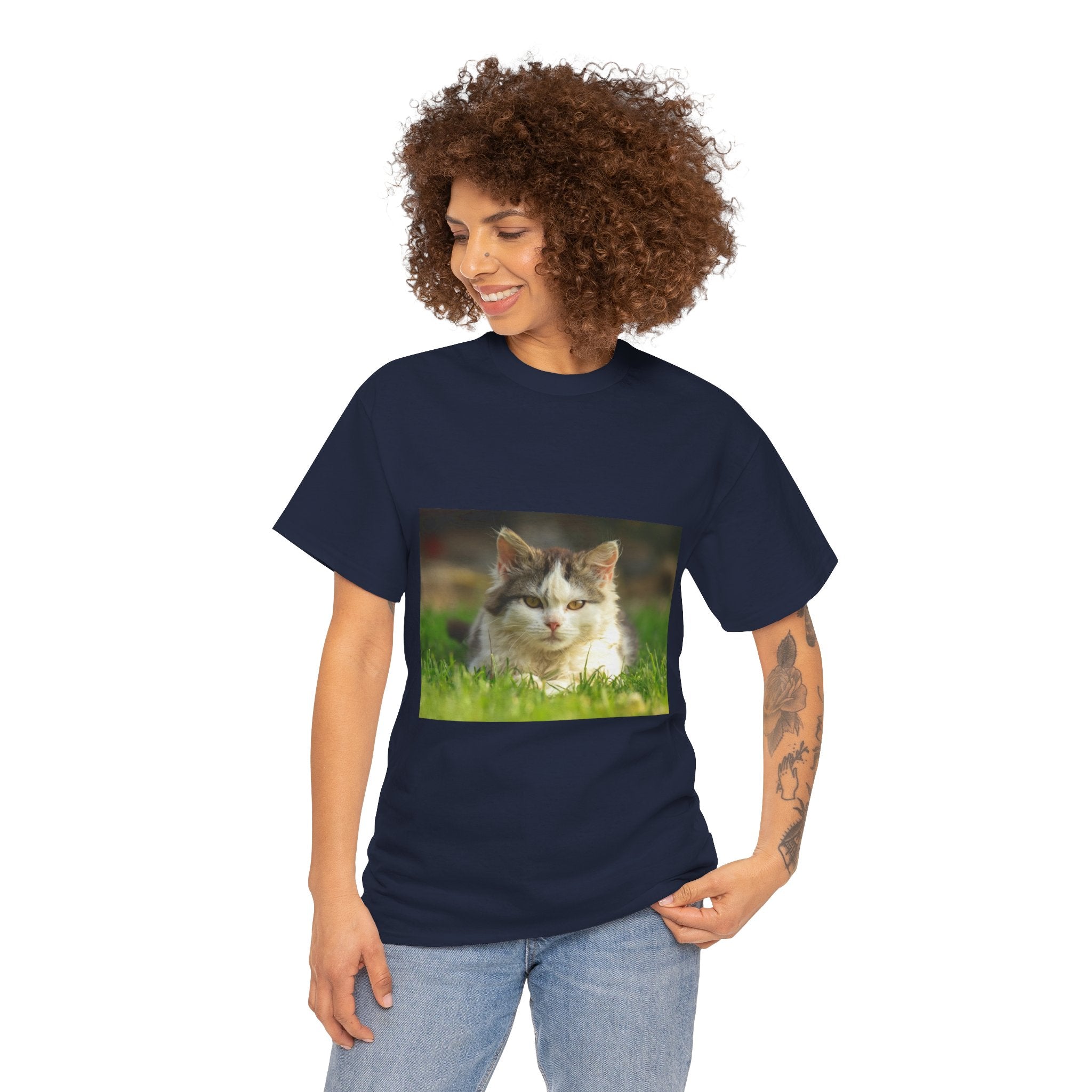 Cat Photo Tee — Relaxed Cat Lying in Grass T-Shirt