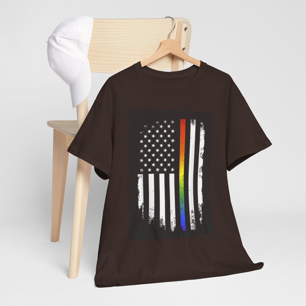 LGBTQ+ Pride Flag T‑Shirt — Distressed American Flag with Rainbow Stripe