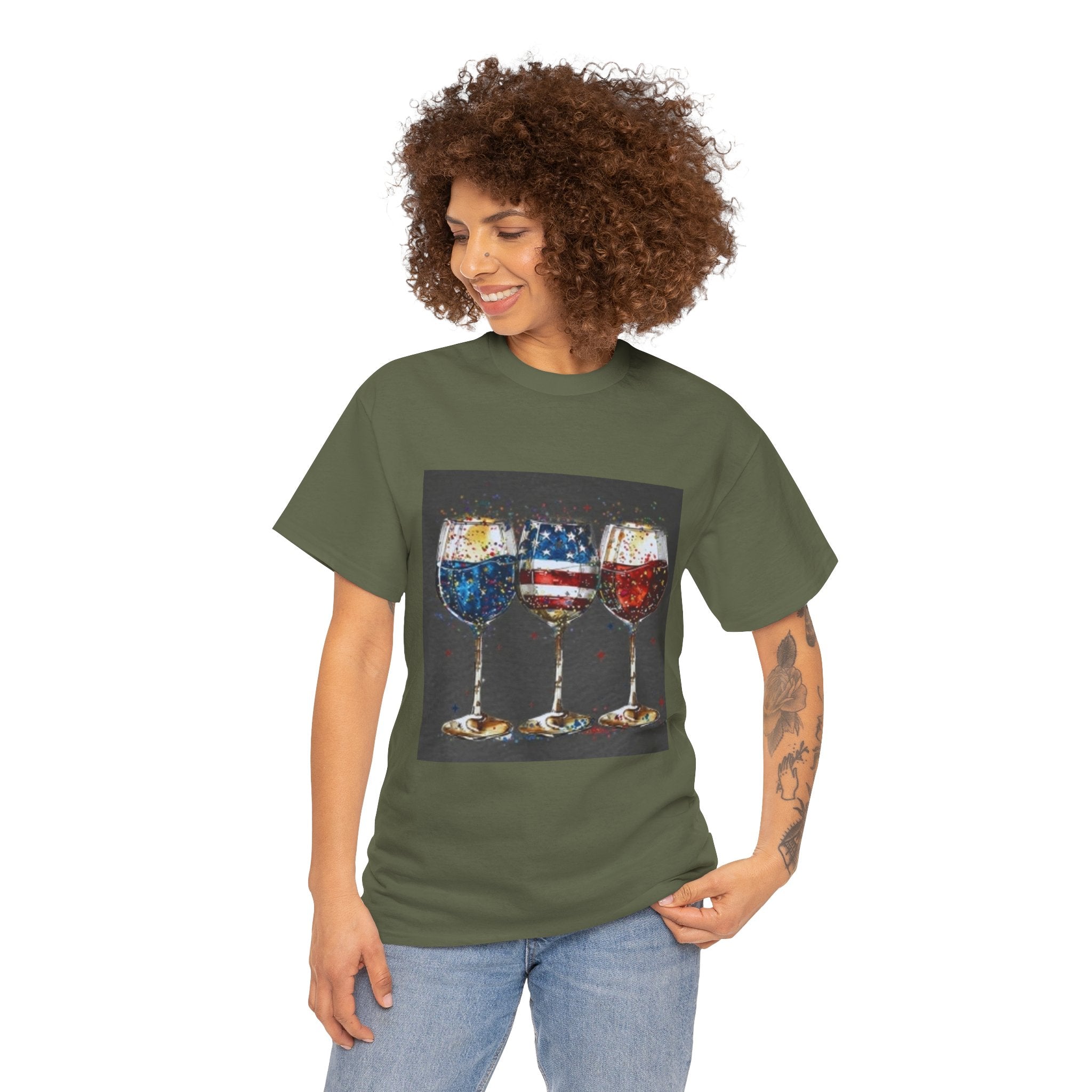 Wine Glasses with American Flag Design Tee