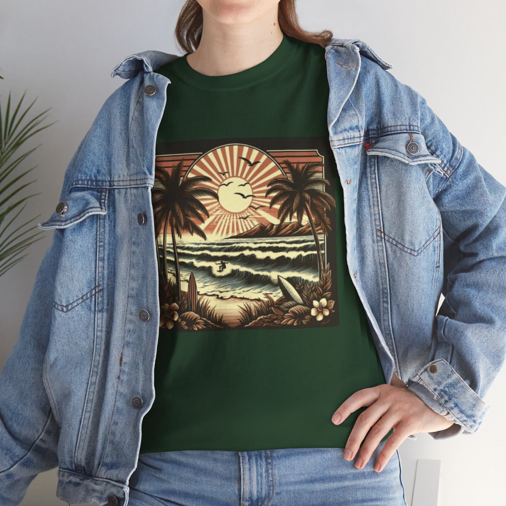Retro Tropical Beach T-Shirt — Vintage Palm Sunset Graphic Tee