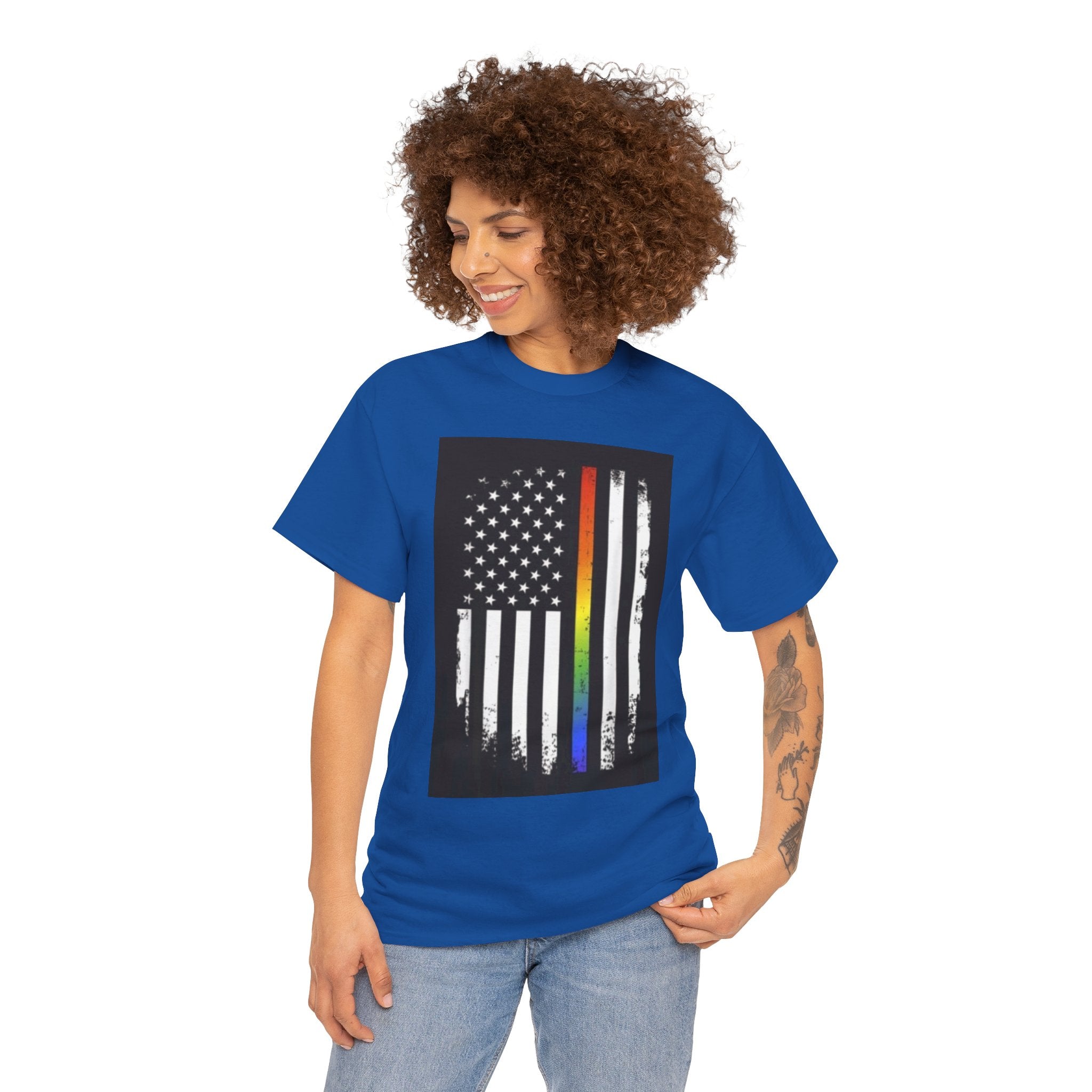 LGBTQ+ Pride Flag T‑Shirt — Distressed American Flag with Rainbow Stripe