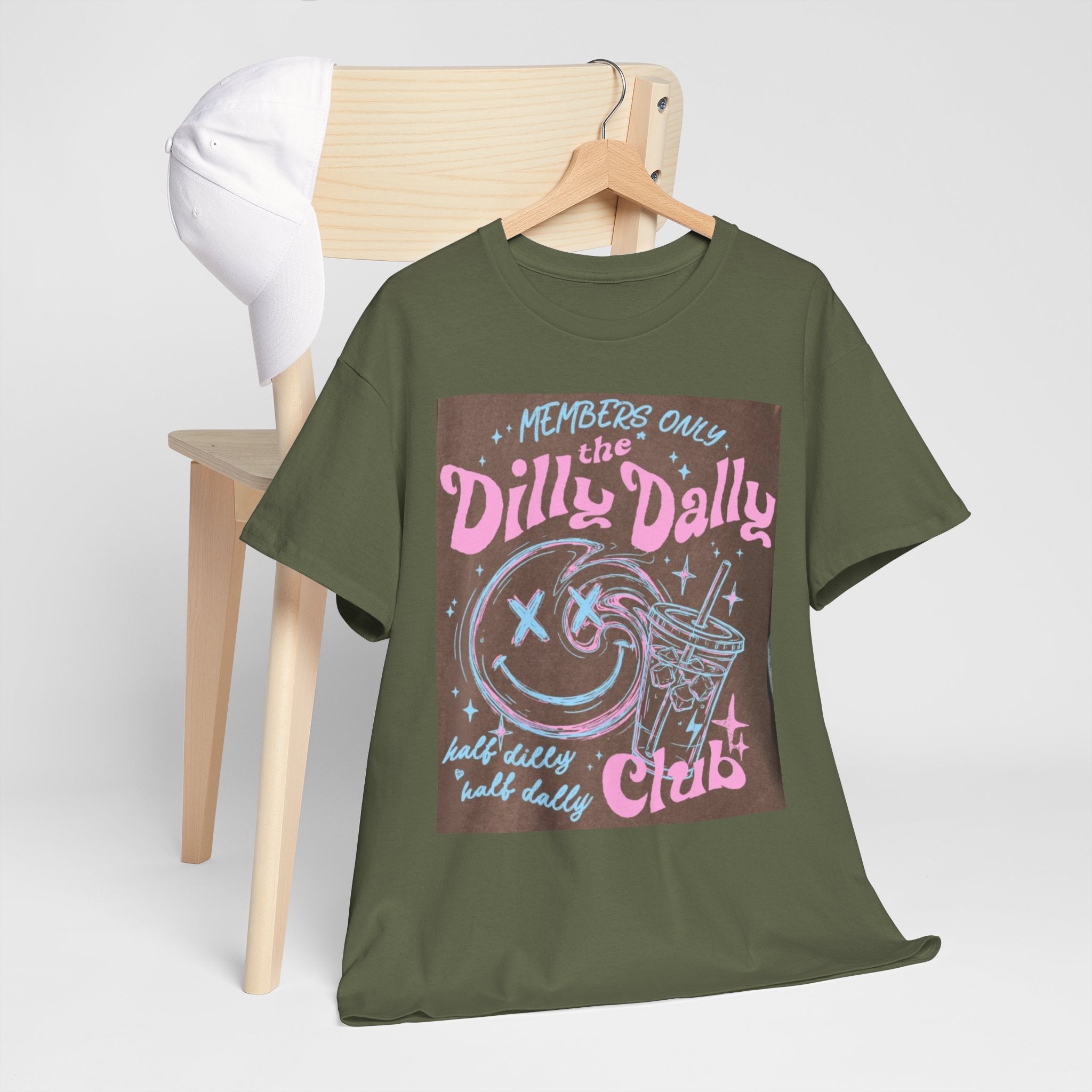 Dilly Dally Club Graphic Tee — Retro Pastel Drink & Moon Design
