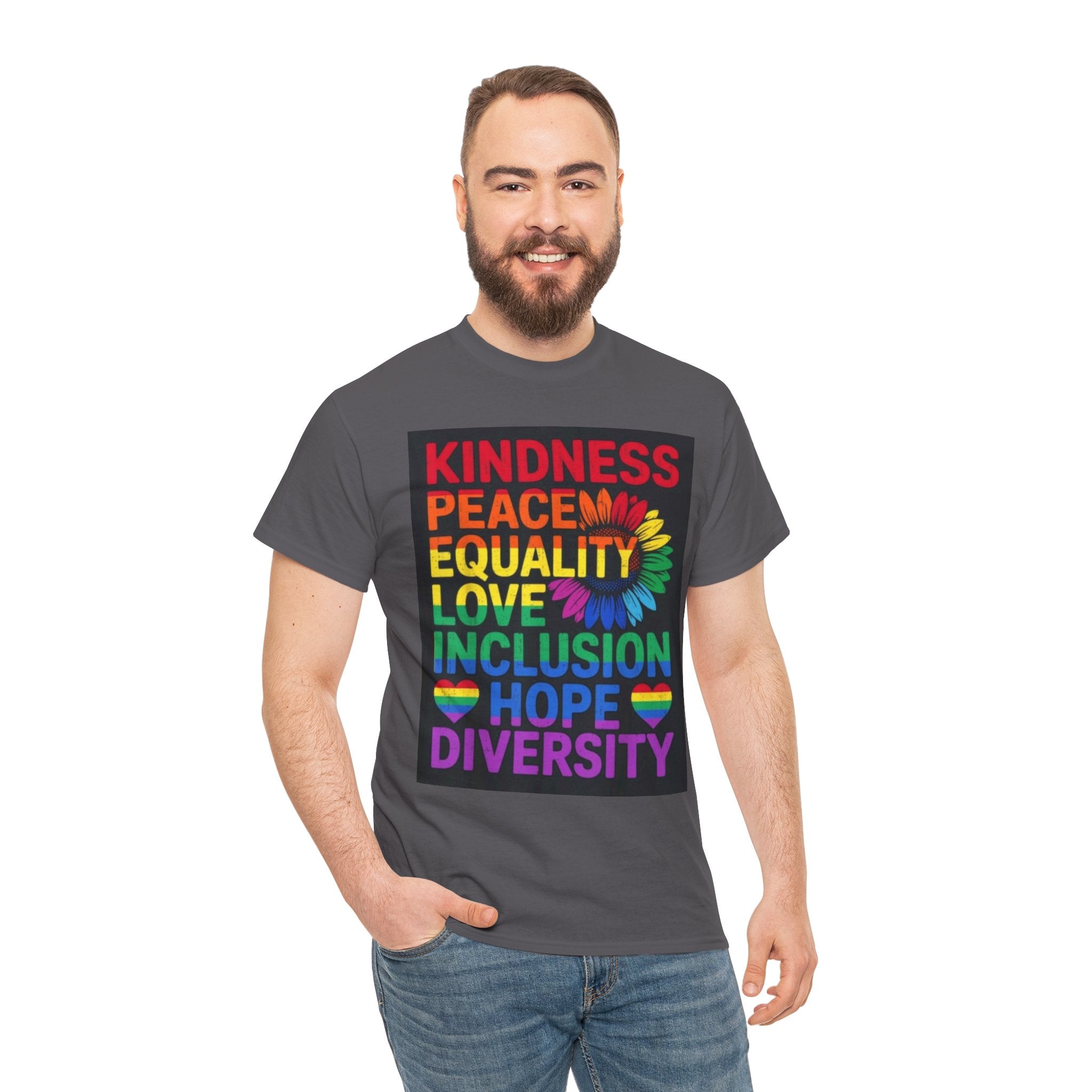 Kindness Peace Equality Rainbow T-Shirt — Pride Inclusion & Diversity Tee