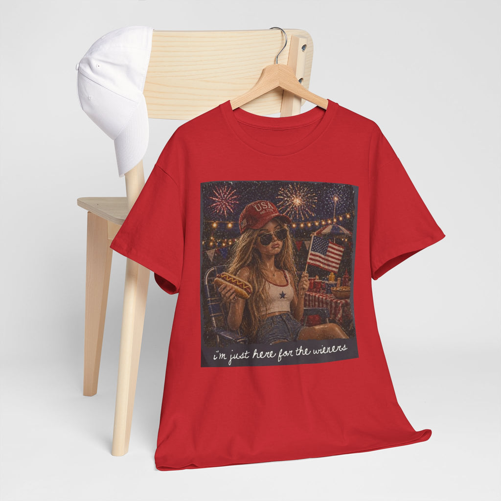 Patriotic Girl Graphic Tee — "I'm Just Here for the Fireworks" 4th of July Shirt