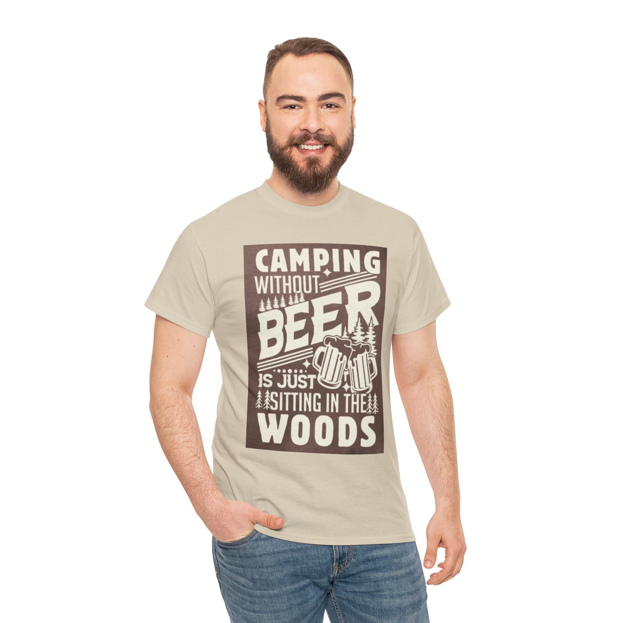 Camping Beer T-Shirt — "Camping Without Beer Is Just Sitting in the Woods" Outdoor Campfire Tee