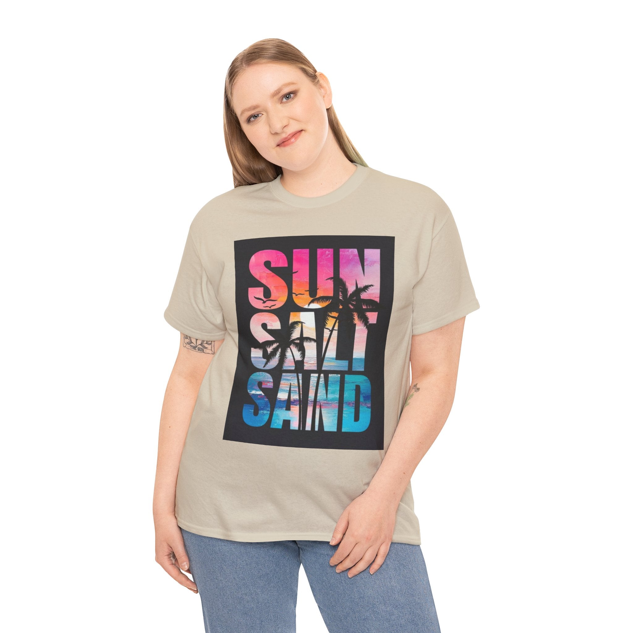 Sun Salt Sand Beach T-Shirt — Tropical Palm Sunset Graphic Tee
