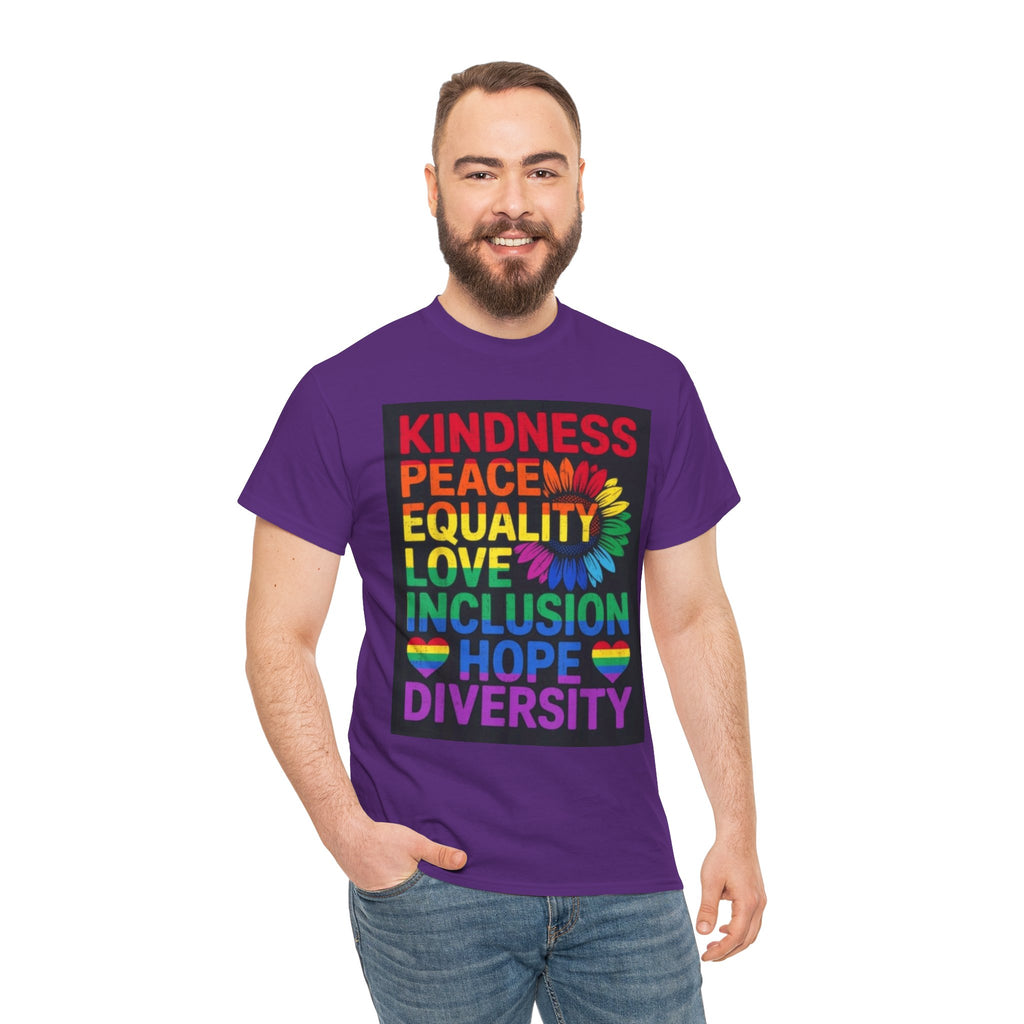 Kindness Peace Equality Rainbow T-Shirt — Pride Inclusion & Diversity Tee