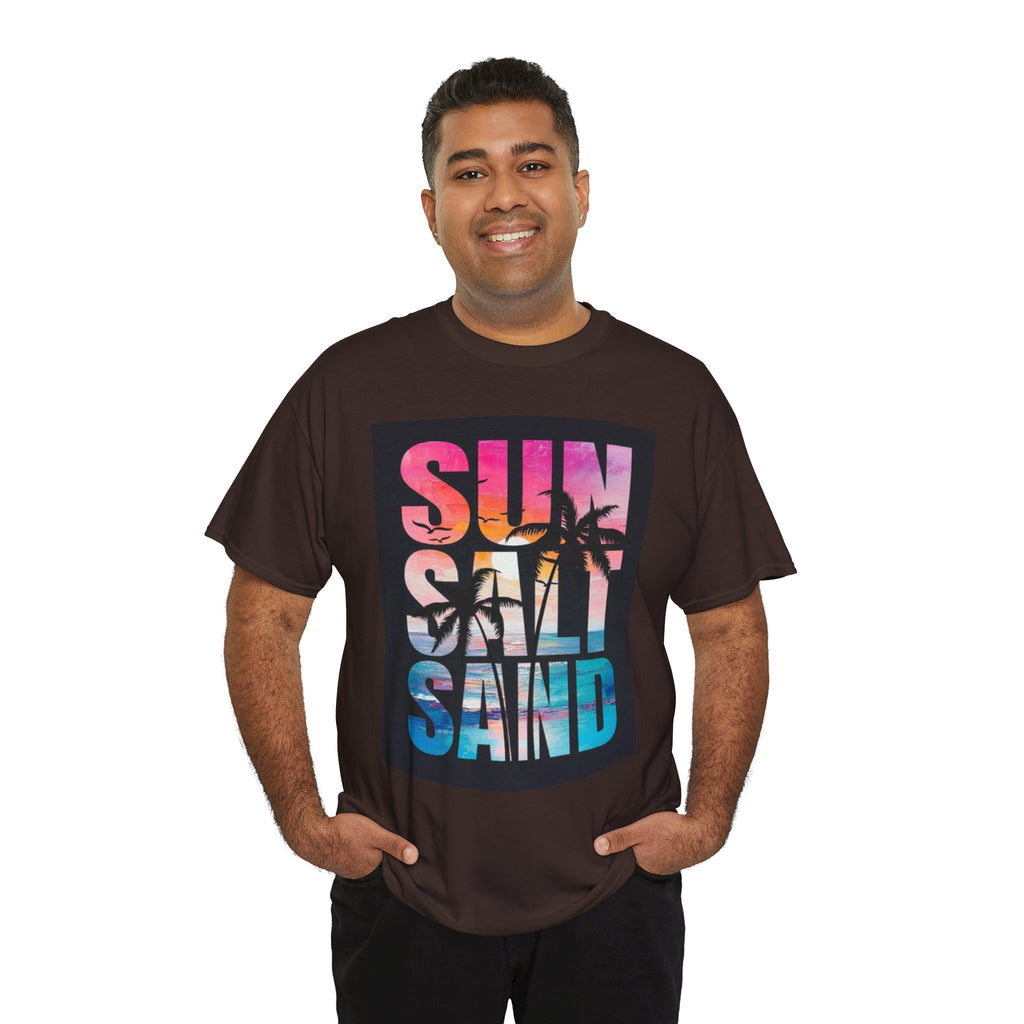 Sun Salt Sand Beach T-Shirt — Tropical Palm Sunset Graphic Tee