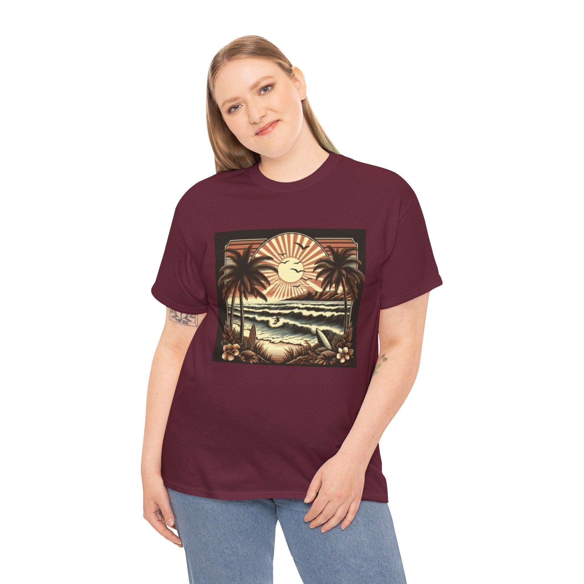 Retro Tropical Beach T-Shirt — Vintage Palm Sunset Graphic Tee