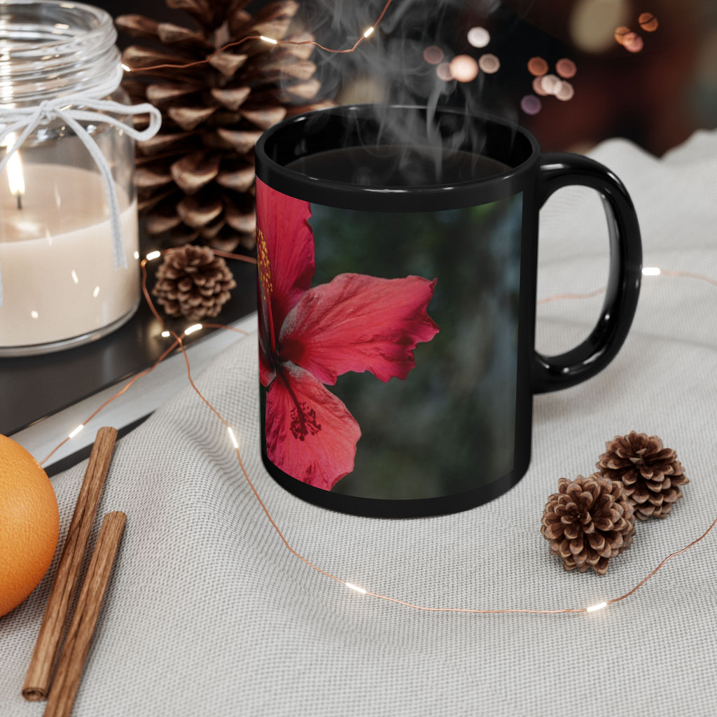 Hibiscus Floral Black Mug - Tropical Red Flower Coffee Cup (11oz/15oz)