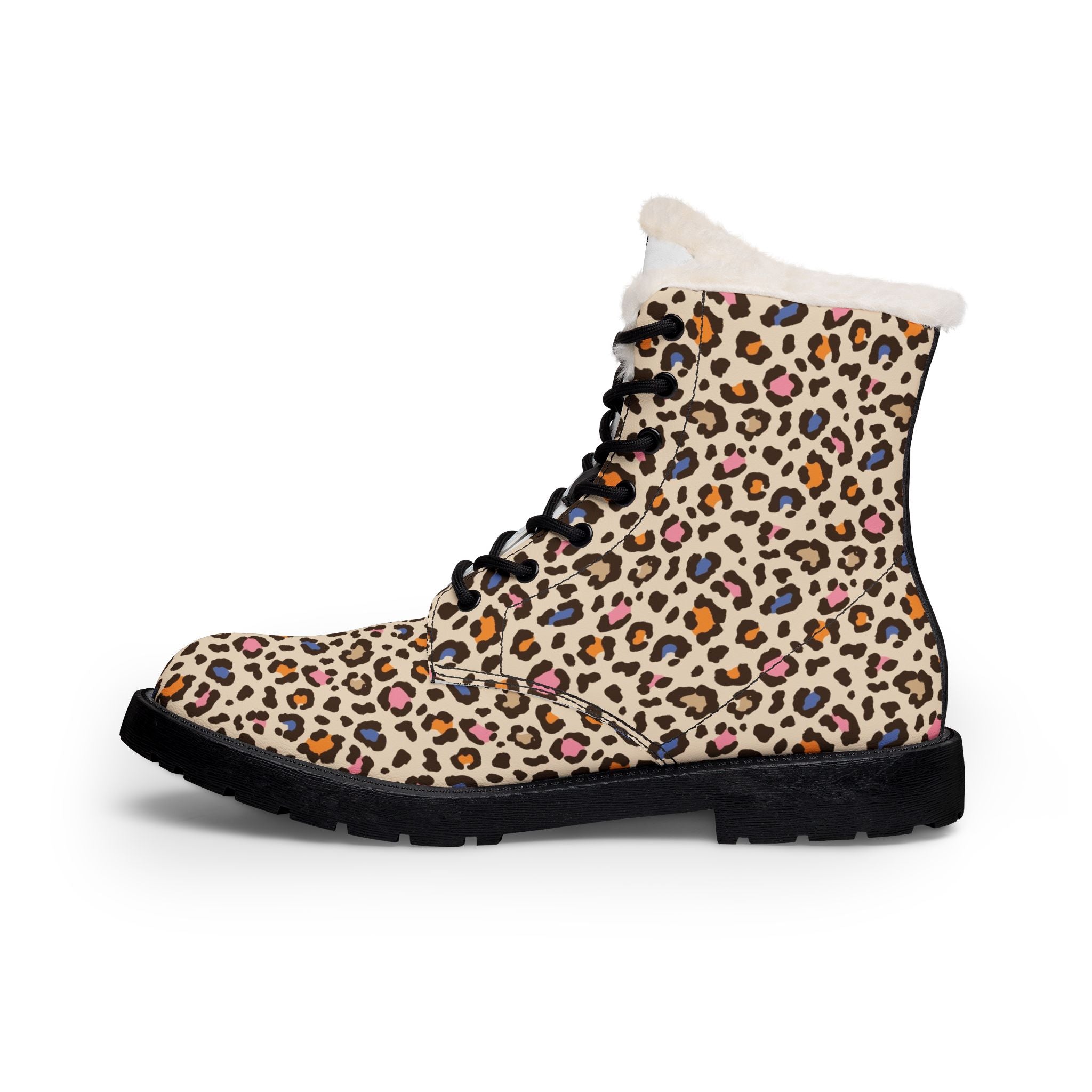Leopard Print Fur-Lined Leather Boots — Women's Warm Winter Ankle Boots