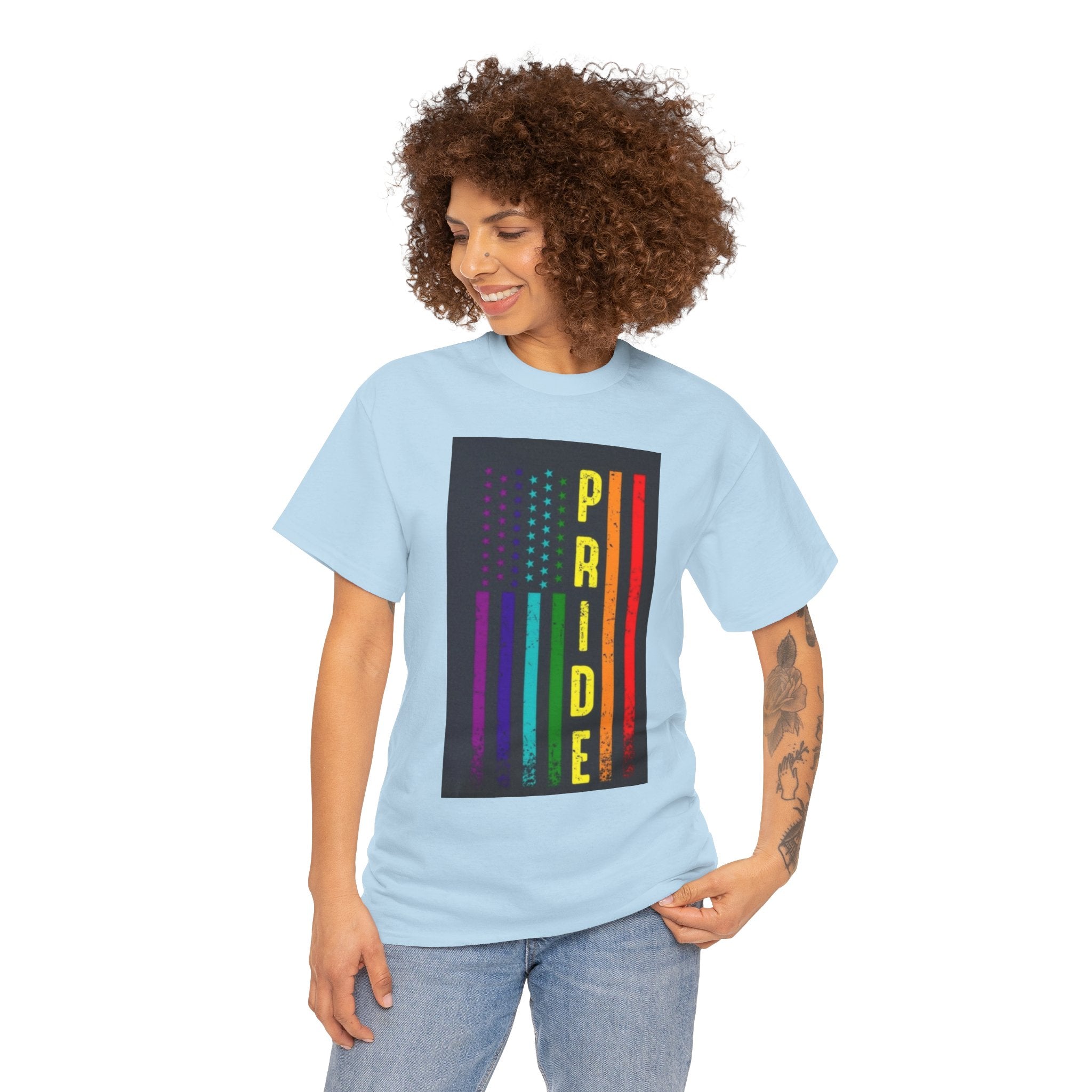 Pride Rainbow Flag Tee — Vertical "PRIDE" Graphic T-Shirt