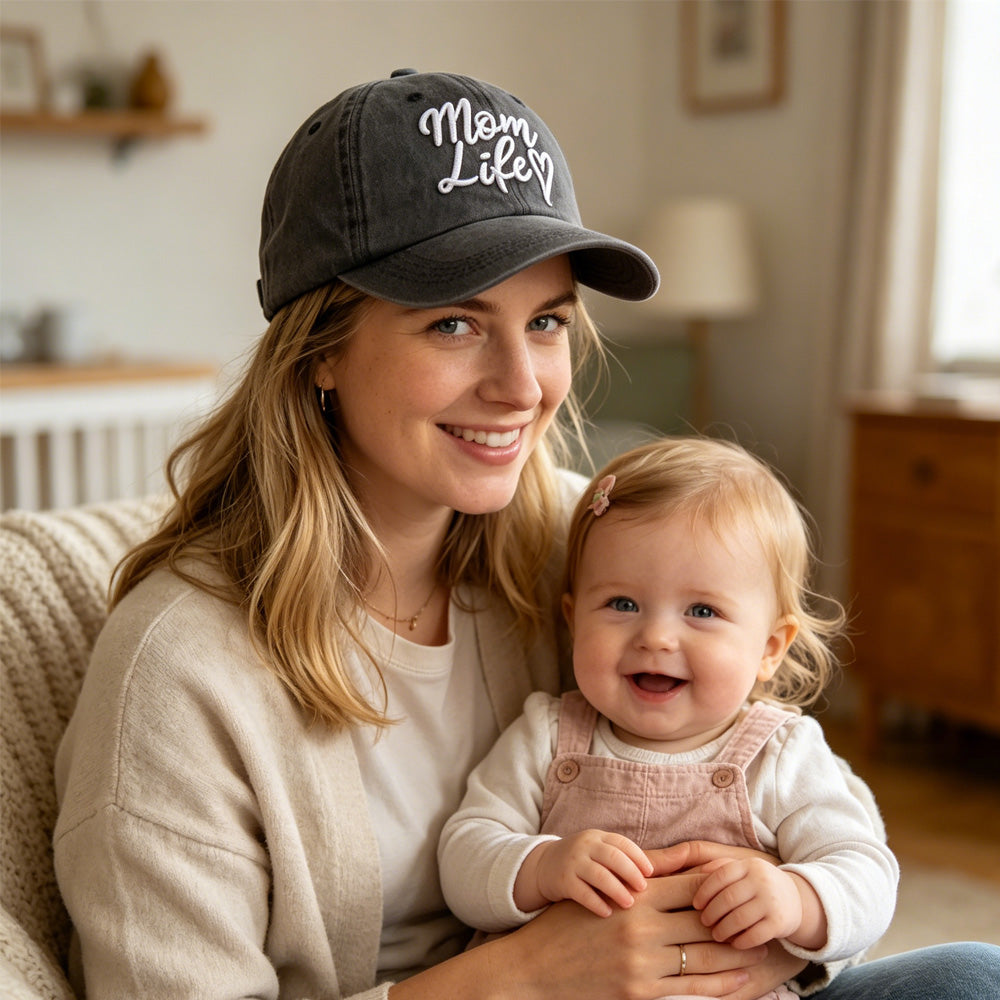 Mom Life Embroidered Baseball Cap,Washed Cotton Adjustable Hat For Women, Vintage Low Profile Sun Hat