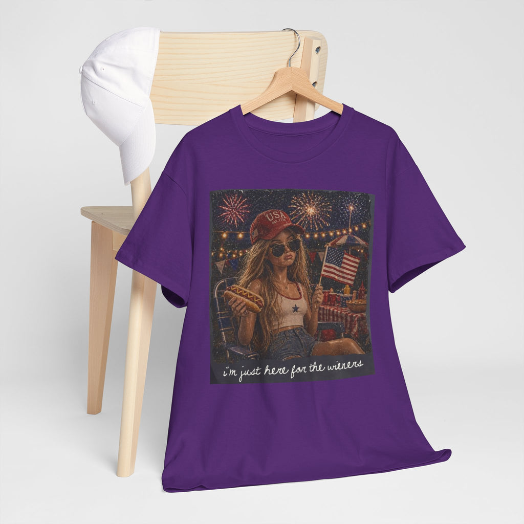 Patriotic Girl Graphic Tee — "I'm Just Here for the Fireworks" 4th of July Shirt