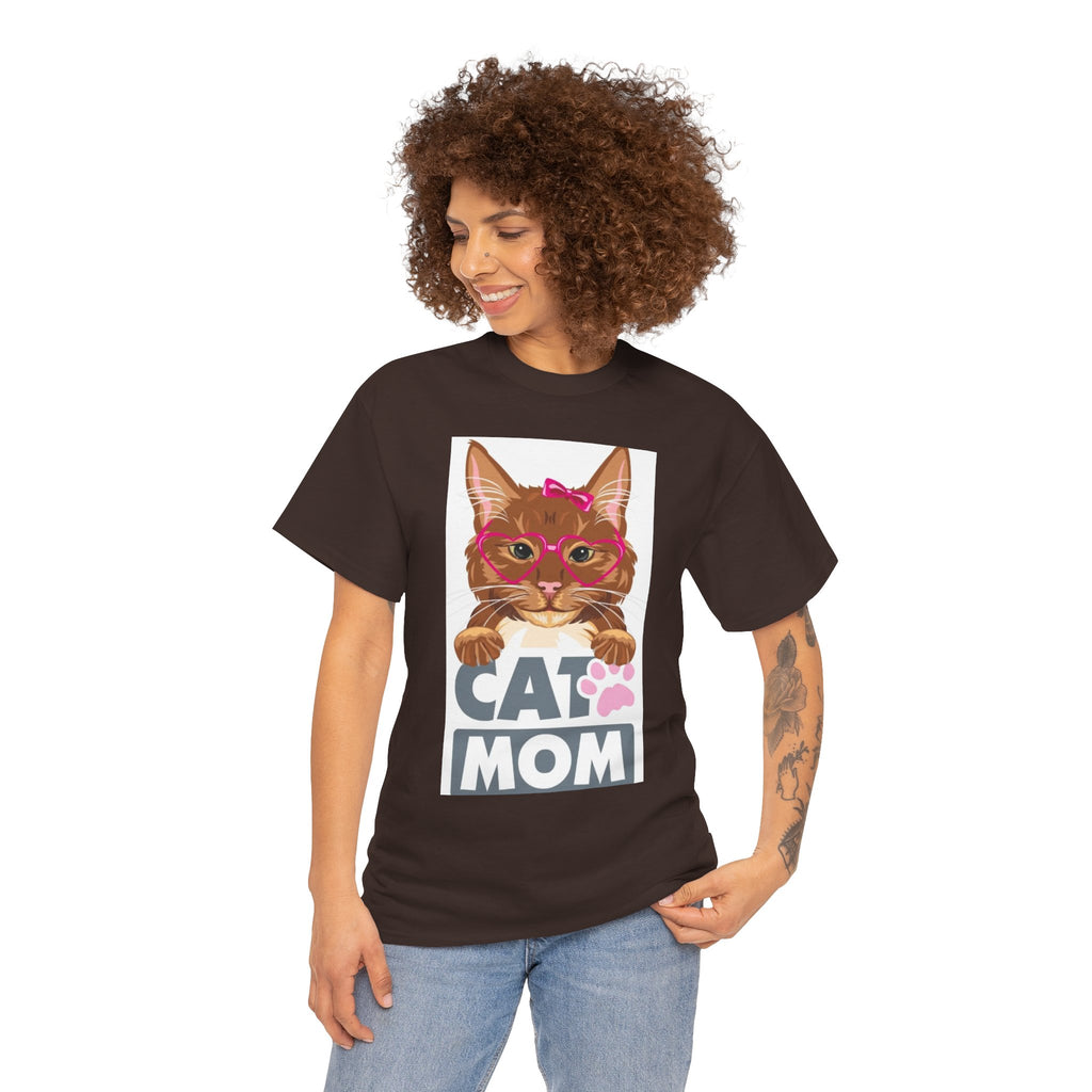 Cat Mom T-Shirt — Cute Cat Face Graphic Tee with "CAT MOM" Paw Print