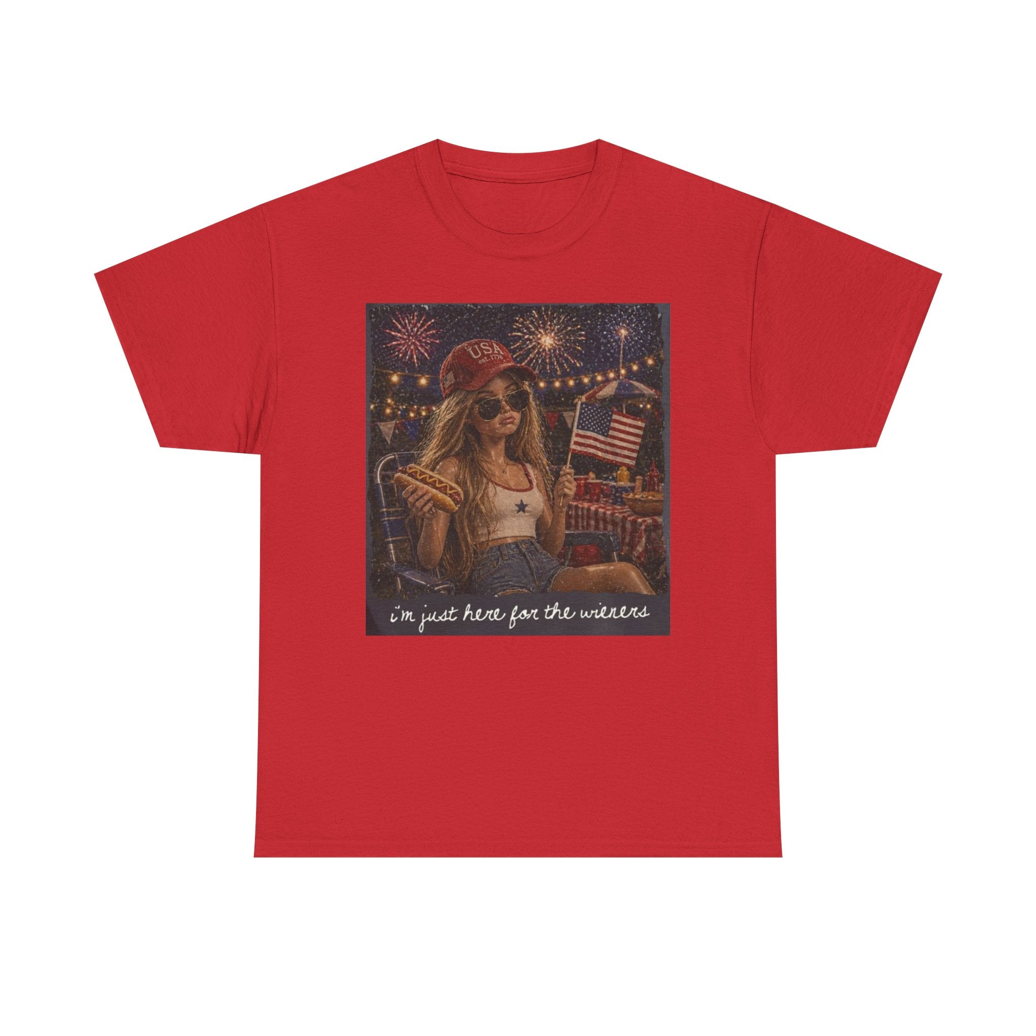 Patriotic Girl Graphic Tee — "I'm Just Here for the Fireworks" 4th of July Shirt