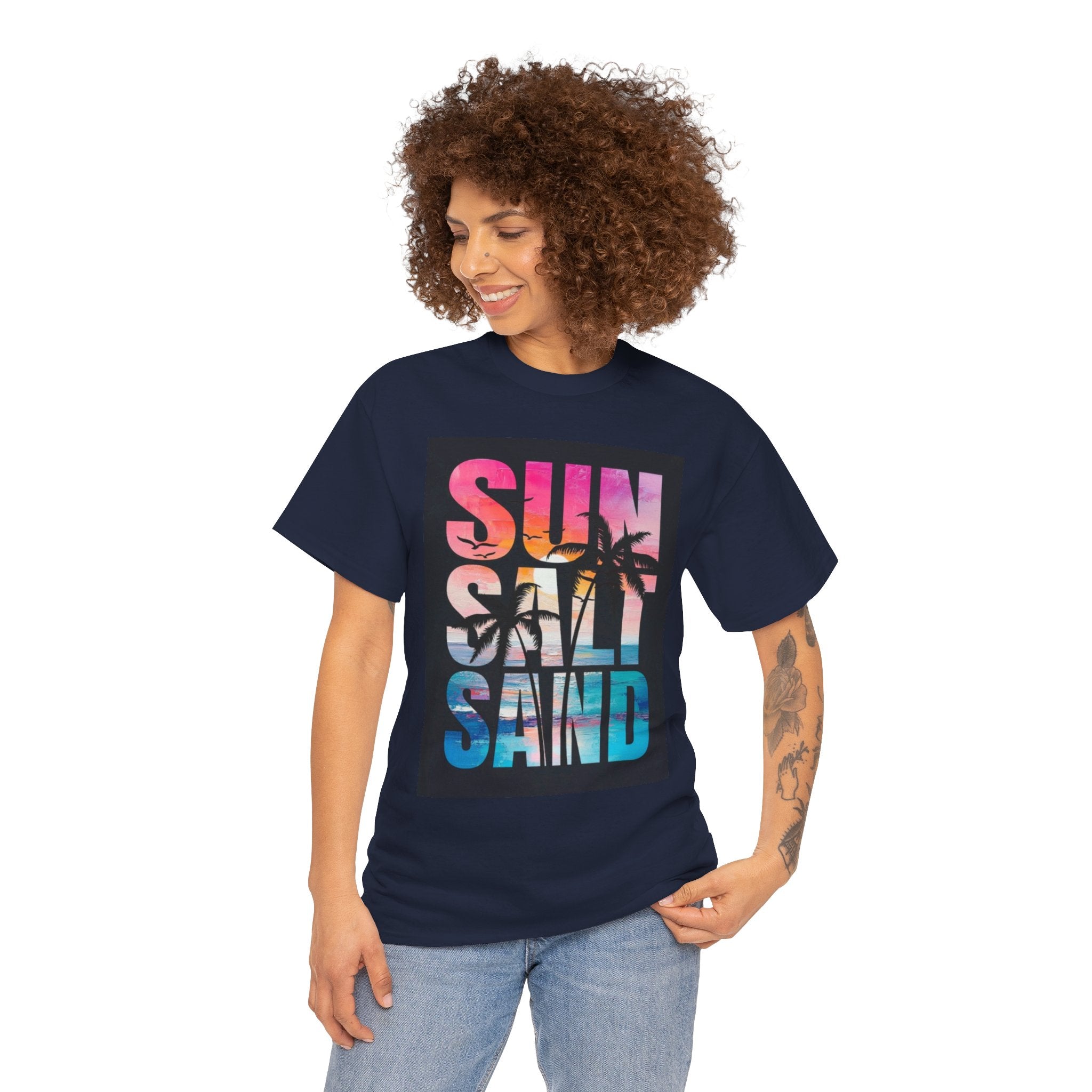 Sun Salt Sand Beach T-Shirt — Tropical Palm Sunset Graphic Tee