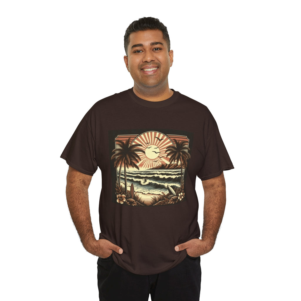 Retro Tropical Beach T-Shirt — Vintage Palm Sunset Graphic Tee