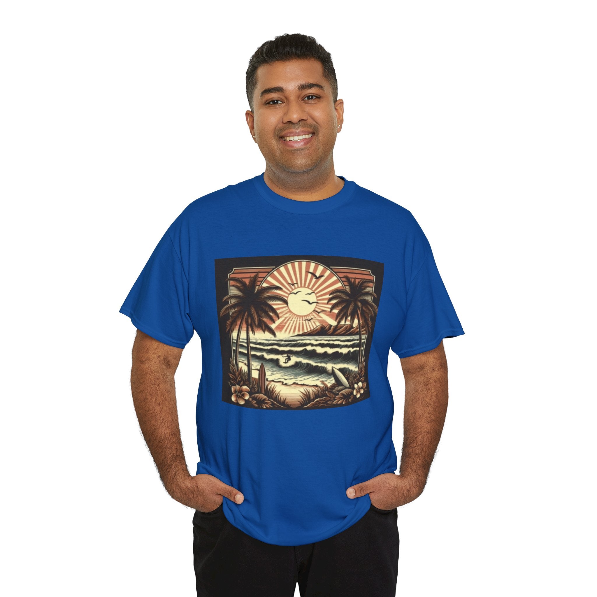 Retro Tropical Beach T-Shirt — Vintage Palm Sunset Graphic Tee