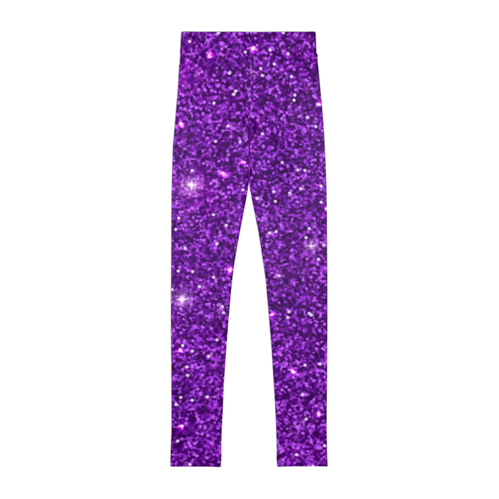 Purple Glitter Youth Leggings – Sparkle All-Over Print for Girls