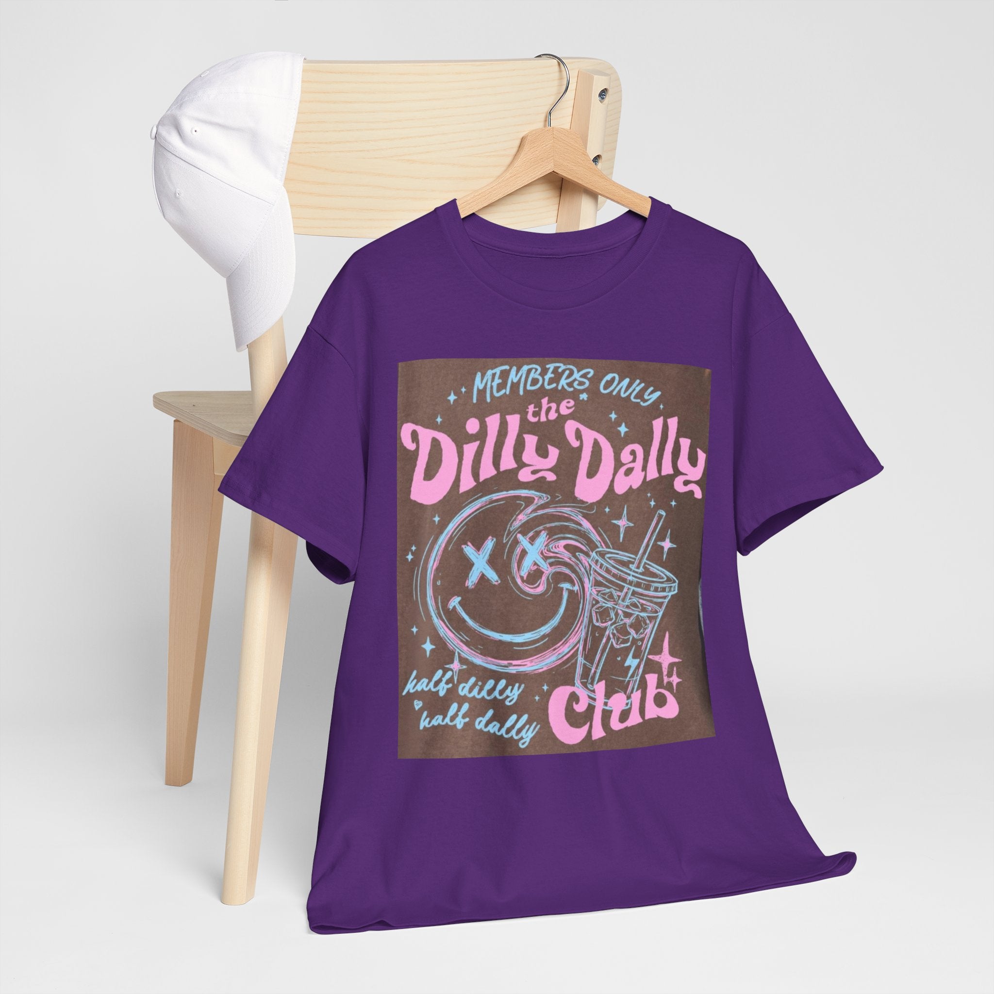Dilly Dally Club Graphic Tee — Retro Pastel Drink & Moon Design