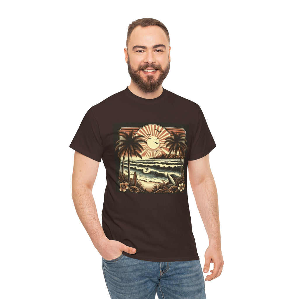 Retro Tropical Beach T-Shirt — Vintage Palm Sunset Graphic Tee