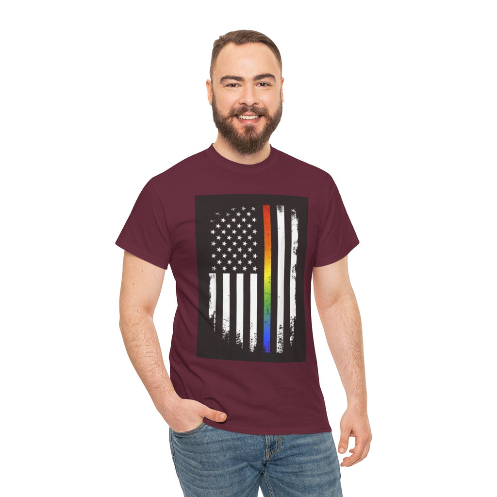 LGBTQ+ Pride Flag T‑Shirt — Distressed American Flag with Rainbow Stripe