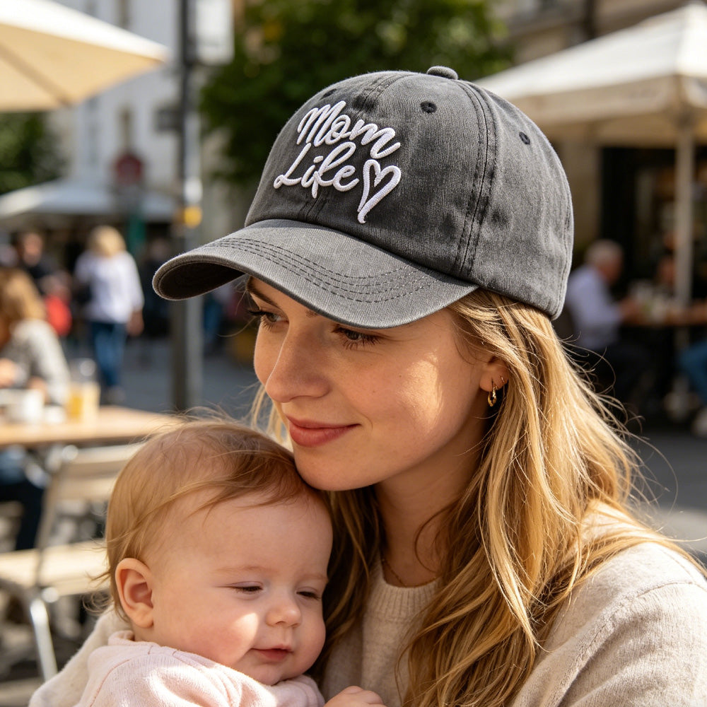 Mom Life Embroidered Baseball Cap,Washed Cotton Adjustable Hat For Women, Vintage Low Profile Sun Hat