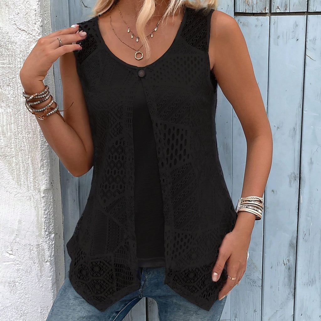 Vest Decorative Buckle Mesh Sleeveless Fake Two-Piece