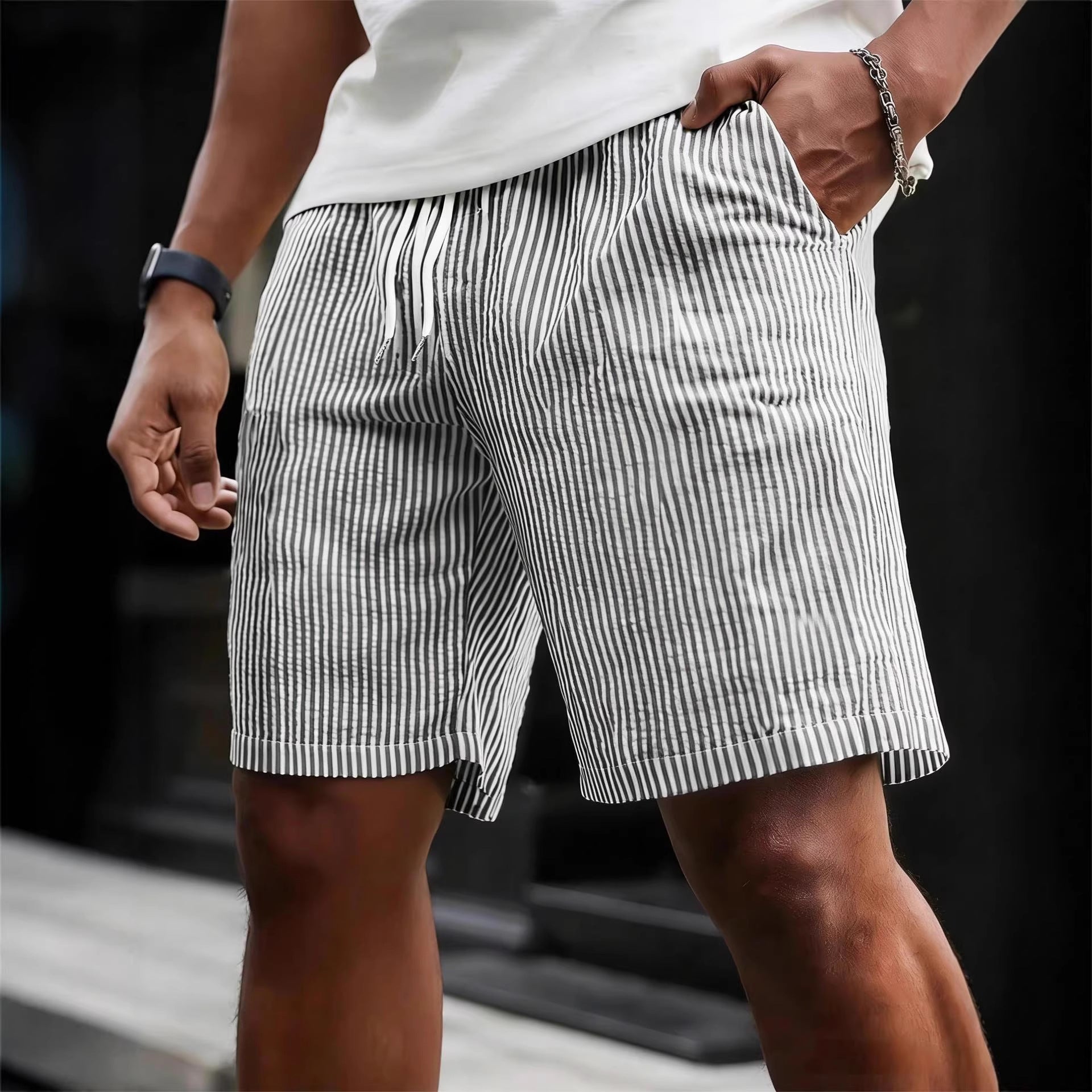 Striped Lace-up Sweatpants Minimalist Cropped Shorts