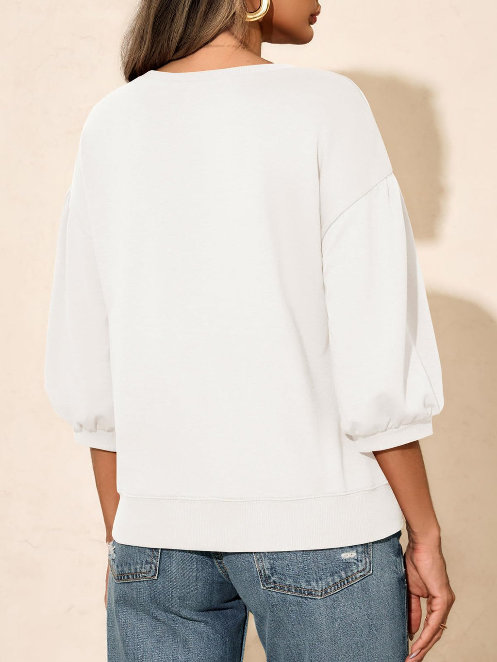 Fisoew Womens Puff Sleeve Sweatshirts Casual Crewneck Sleeve Loose Fit Fall Pullover Tops